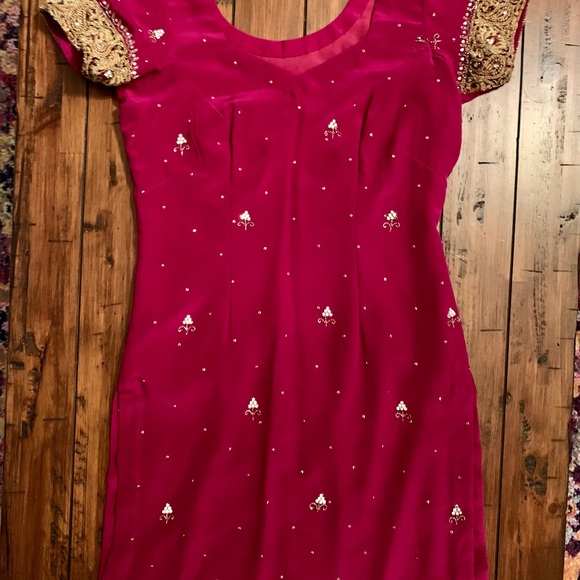 Dark Magenta Pure Chinnon Chiffon Punjabi Suit - Picture 1 of 2